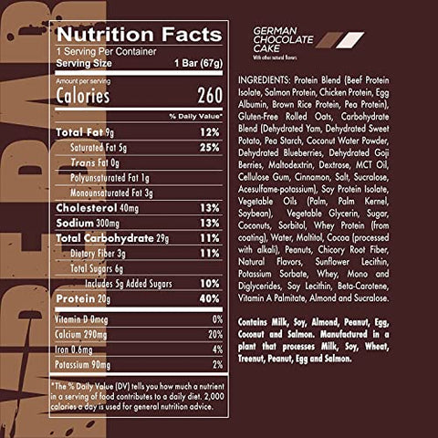 MRE Bar de Proteína, Bolo Alemão de Chocolate – Contém Óleo MCT 20g de Proteína de Alimentos Integrais – Fácil Digestão, Barra de Substituição de Refeição com Baixo Teor de Açúcar e Equilíbrio de Macros (12 Barras) - REDCON1