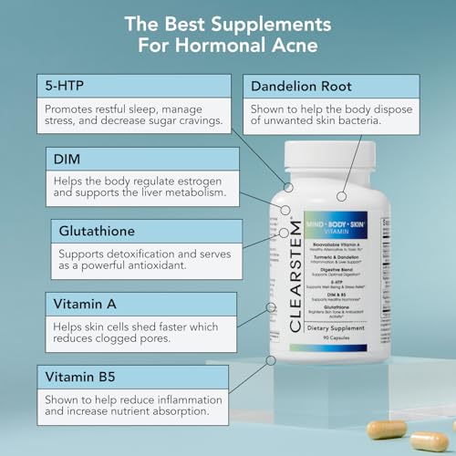 CLEARstem - CLEARSTEM – MINDBODYSKIN Suplemento para Acne Hormonal (5-HTP) – DIM Natural – Vitaminas para Cuidados com a Pele – Equilíbrio Hormonal, Antioxidantes – Vegano, Sem Glúten, Cruelty Free – 30g