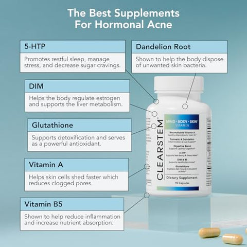CLEARstem - CLEARSTEM – MINDBODYSKIN Suplemento para Acne Hormonal (5-HTP) – DIM Natural – Vitaminas para Cuidados com a Pele – Equilíbrio Hormonal, Antioxidantes – Vegano, Sem Glúten, Cruelty Free – 30g