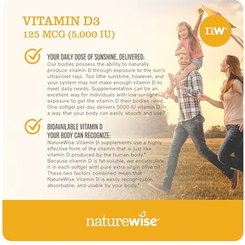 Vitamina D3 5000UI (125 mcg) 1 Ano de Suprimento para Função Muscular Saudável e Suporte Imunológico, Livre de Transgênicos, Sem Glúten em Óleo de Oliva Extra Virgem, Embalagem Variada (Mini…) - NatureWise