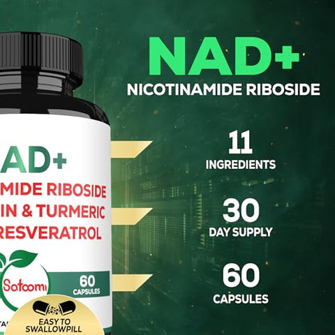 Satoomi - NAD Suplemento com Nicotinamida Ribosídeo Lipossomal 900mg NR, Resveratrol, Quercetina, Cúrcuma, Astragalus, Ginseng, Vitamina D3, Vitamina C – Energia Celular, Reparo e Envelhecimento