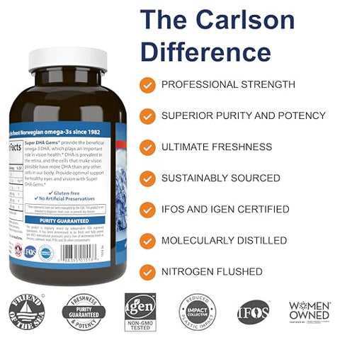 Super DHA Gems – 500 mg Ômega-3, 640 mg Ácidos Graxos, Concentrado de Óleo de Peixe Norueguês, Capturado de Forma Sustentável, Cápsulas de Óleo de Peixe, 240 Softgels - Carlson