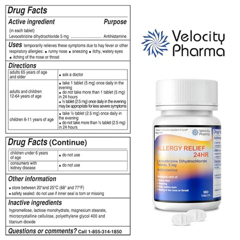 Velocity Pharma - Levocetirizina Dicloridrato 5mg Comprimidos, Alívio de Alergia por 24 Horas, Antialérgico Não Sonolento, 180 Unidades