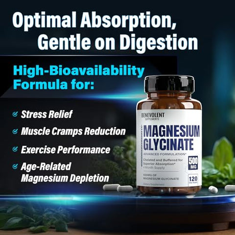 Benevolent Nourishment - Cápsulas de Magnésio Glicinato Premium 500mg Fórmula de Alta Absorção Quelato Glicinato Amortecido para Apoiar Digestão, Osso, Sono