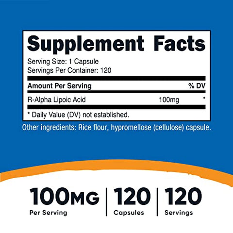 Ácido Alfa Lipóico R-100mg, 120 Cápsulas – Veggie Caps, Sem OGM, Sem Glúten - Nutricost