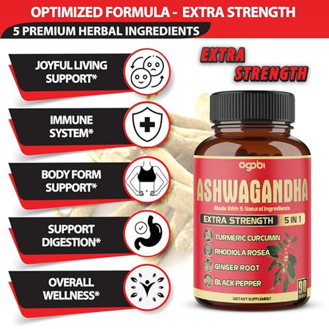 agobi - 90 Cápsulas – Suplemento de Ashwagandha – Raiz de Gengibre, Cúrcuma, Rhodiola Rosea