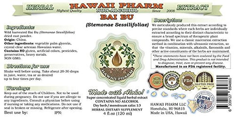 Bai Bu Extrato Líquido Sem Álcool, Bai Bu, Glicerito de Raiz de Stemona (Stemonae Sessilifoliae) Hawaii Pharm Herbal Natural 60 ml