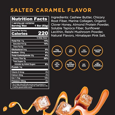 Barra de Proteína de Colágeno Marinho com Caramelo Salgado Wellcome e Cogumelo Reishi para Energia e Suporte Imunológico – Barra de Lanche Adaptogênica – Barra de Saúde Livre de Laticínios para Atividades Funcionais – 100g