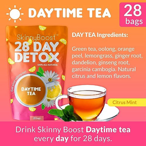 SkinnyBoost - Kit Skinny Boost Tea – Chá Diurno (28 sachês) + Chá Detox Noturno (14 sachês), Pó Superfood Lean Greens Plus, Copo Grátis, Sem GMO, Vegano, Detox Natural e Limpeza