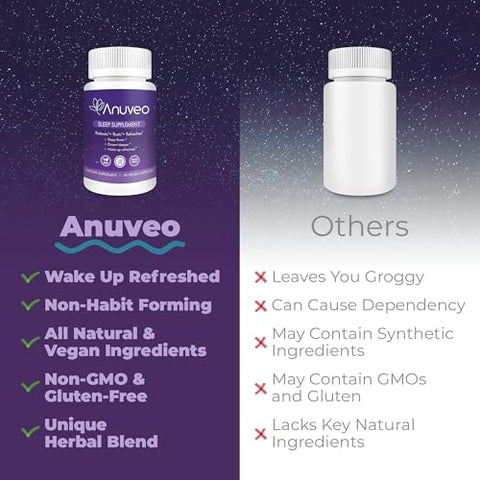 Anuveo - Auxílio Natural para Dormir | Não Viciante | Suplemento Herbal para Melhor Sono com Valeriana, Melatonina, Magnésio e Ashwagandha | Comprimidos para Dormir para Adultos (60 Veganos)