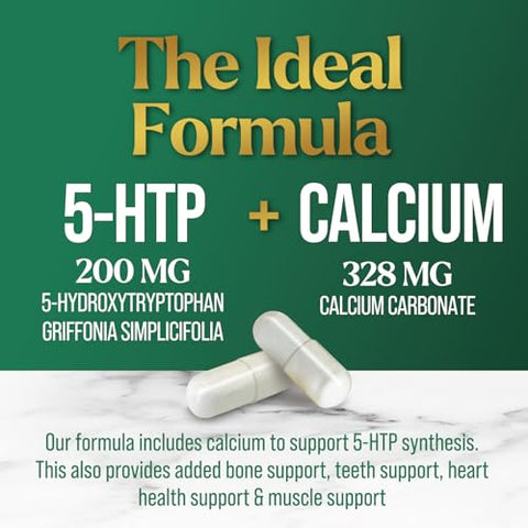 Nature's Nutrition - 5HTP Plus Calcium 200mg – Cápsulas de Suplemento para o Cérebro – Fórmula de Griffonia Simplicifolia 5-HTP – 5-Hidroxitriptofano – Natural, Vegetariano, Sem Glúten