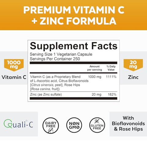 Suplemento de Vitamina C e Zinco (250 Cápsulas) – 1000 mg de Vitamina C com 20 mg de Zinco – Suplementos Antioxidantes para Suporte Imunológico – Zinco à Base de Plantas e Vitamina C - Viva Naturals