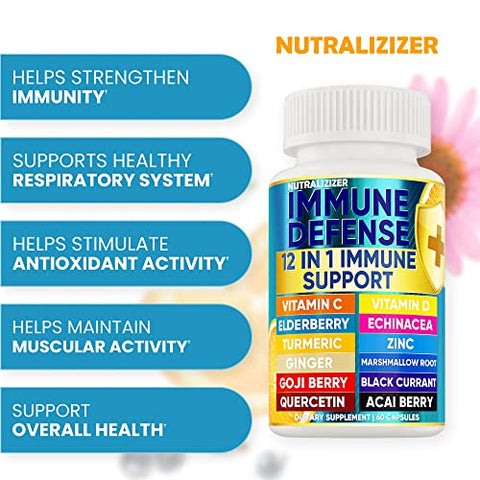 NUTRALIZIZER - 12 em 1 Vitaminas Premium de Defesa Imunológica – Suplemento Imunológico com Vitamina D3 5000 UI Vitamina С 1000mg Zinco 50mg – Escolha Luxuosa para Suporte Imunológico Premium – Com Equinácea e Sabugueiro
