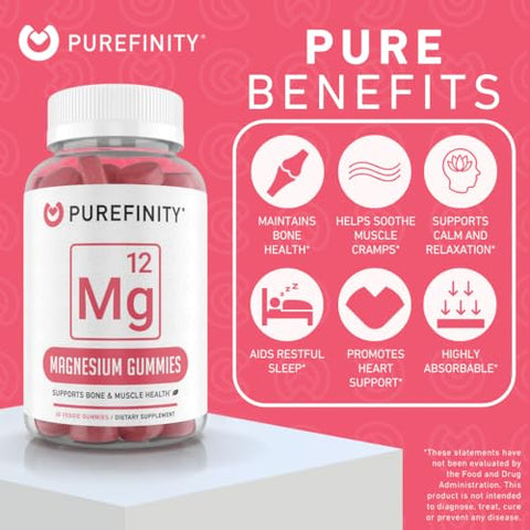 PUREFINITY - Magnésio Citrato Gomas 600 mg para Adultos – Suplemento de Alta Absorção para Cãibras, Recuperação Muscular, Sono, Suporte Ósseo e Energético – Livre de OGM, Sem Alergênicos – 60 Gomas Veganas