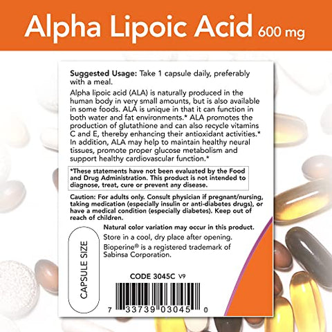 NOW Foods - Alpha Lipoic Acid 600 mg 120 vcaps – Potente Antioxidante para Saúde e Bem-Estar | Marca Alpha Lipoic Acid