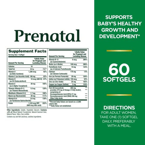 Nature's Bounty - Nature’s Bounty Prenatal Multivitamin – Suporte ao Crescimento e Desenvolvimento Saudável do Bebê, com 200mg de DHA, 60 Softgels