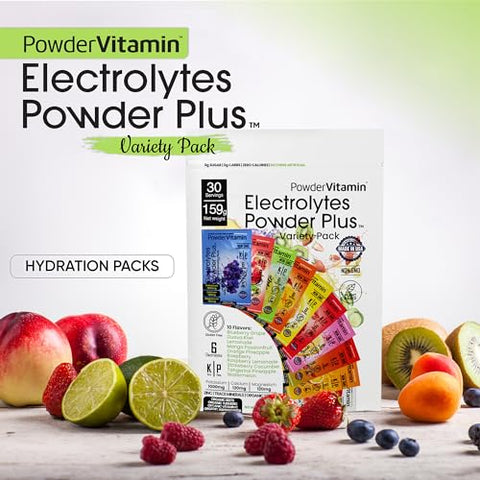 PowderVitamin - Electrolytes Powder Plus Keto: Pack Variado, Zero Açúcar, 1000mg de Potássio, 120mg de Cálcio, 120mg de Magnésio, Não-OGM, Zero Calorias, 30 Pacotes de Hidratação