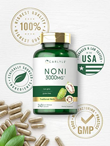 Cápsulas de Fruta Noni 3000mg | 240 Unidades | Livre de Transgênicos, Sem Glúten | Suplemento Herbáceo Tradicional - Carlyle