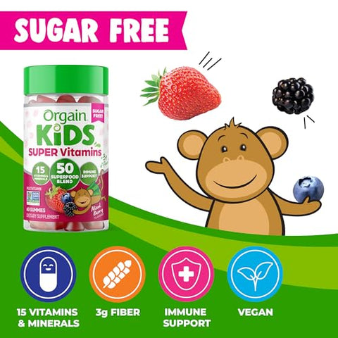 Kids Gummies Vegan 50 Superfoods 15 Vitaminas Minerais Suporte Imunológico 3g Fibra Mixed Berry 4 Anos 1 Mês (60 Gummies) - Orgain