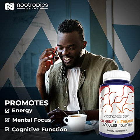 Cápsulas de Cafeína e L-Teanina | 60 Comprimidos | 100mg Cafeína + 200mg L-Teanina | Energia e Foco Mental | Suplemento Natural - Nootropics Depot