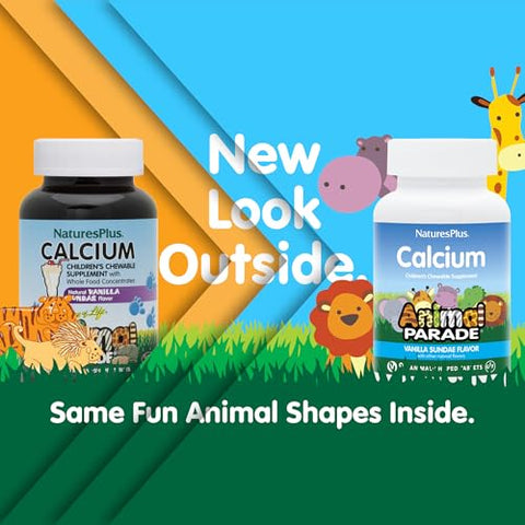 Natures Plus - NaturesPlus Animal Parade Calcium – Sabor Sundae de Baunilha – 90 Comprimidos Mastigáveis em Formato de Animais – Favorece Ossos Saudáveis – Vegano, Sem Glúten – 90 Porções Totais