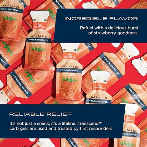 Foods Mini Gel de Morango (17g, Pacote com 24) – Gel de Carboidrato de Ação Rápida Sabor Morango – Tamanho de Viagem, Sem Cafeína, Sem Glúten - Transcend