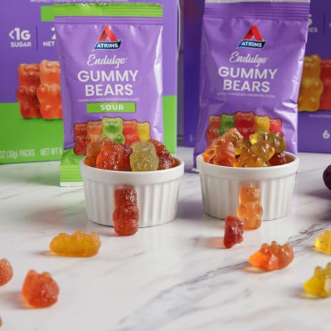 Novo Atkins Endulge Gummy Bears Pack Variado, Baixo Açúcar*, Amigo do Keto, Doces Keto, 18 Pack (12 Gummy Bears Doces, 6 Gummy Bears Azedos)