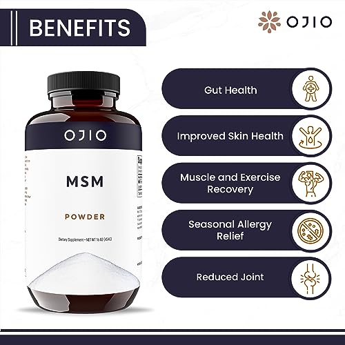 Ojio - OptiMSM Pó MSM Puro – Articulações, Pele, Cabelo, Unhas – Kosher, Vegano, Sem Glúten, Não-OGM, Sem Pesticidas ou Herbicidas – 16 oz (1 Pacote)