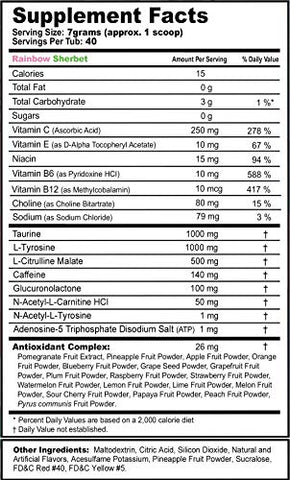 Gamma Labs - G Fuel Rainbow Sherbet – Pó Energético, Sem Açúcar, Cafeína Limpa, Suplemento para Foco, Mistura para Água, Aminoácidos para Foco, Vitaminas e Antioxidantes – 280g (40 Porções)