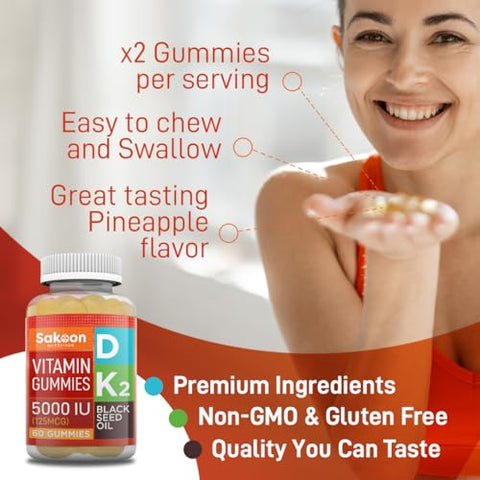 Sakoon nutrition - Sakoon Nutrition – Vitamina D3 K2 5000 UI com Óleo de Semente Negra para Suporte Ósseo, Dental, Muscular e Imunológico – 60 Gomas de Mascar