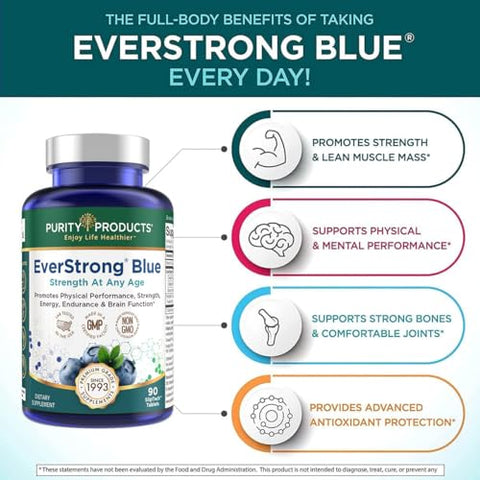 Purity Products - PurityBlue EverStrong Blue – Fortalecimento Muscular e Estimulante Cerebral com Matriz de Creatina Monohidratada, Complexo de Mirtilo Orgânico PurityBlue, 1000 UI de Vitamina