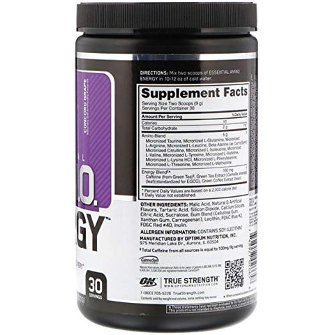 2 Pack Essential Amin.O. Energy, Uva Concord, 270g – Energético Essencial, Alta Qualidade - Optimum Nutrition