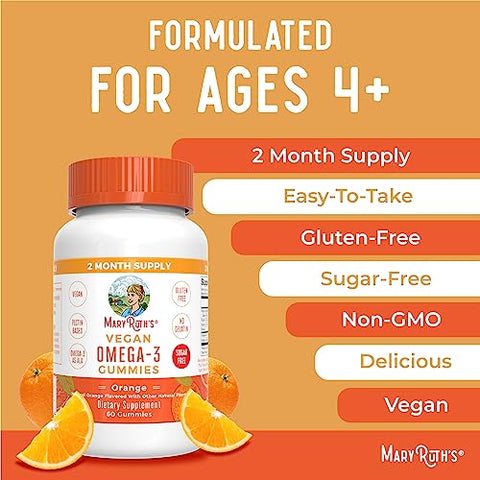 Vegan Omega 3 Gummies para Adultos | Suprimento de 2 Meses | Suplemento Sem Açúcar com Vitamina C | Suporte Imunológico com Óleo de Linhaça | Bem-Estar Geral | Sem Sabor de Peixe | 60 Gomas - MaryRuth Organics