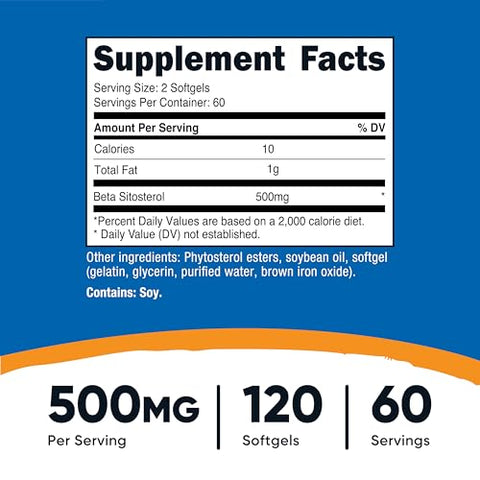 Beta Sitosterol 120 Softgels, 500mg – Suplemento Sem OGM, Livre de Glúten, 60 Porções - Nutricost