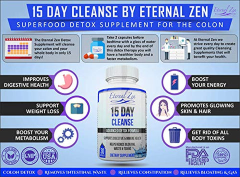 Desintoxicação do Cólon por 15 Dias com Ervas de Força Extra, Senna é um Laxante Natural de Ação Rápida para Alívio da Constipação – Limpeza Completa do Corpo – 30 Cápsulas - Eternal Zen