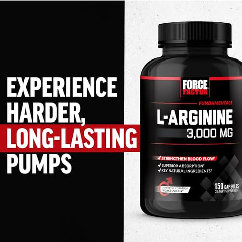 Force Factor - FORCE FACTOR – Suplemento de L-Arginina com Óxido Nítrico e BioPerine para Construção Muscular e Melhor Fluxo Sanguíneo, Circulação, Entrega de Nutrientes e Bombas Musculares – L-Arginina