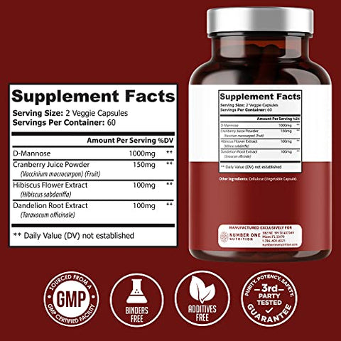 2-Pack N1N Premium D Mannose com Cranberry e Dandelion [Força Máxima, 1350mg] Suporte à Saúde do Trato Urinário, Elimina Impurezas e Suporte à Saúde da Bexiga - Number One Nutrition