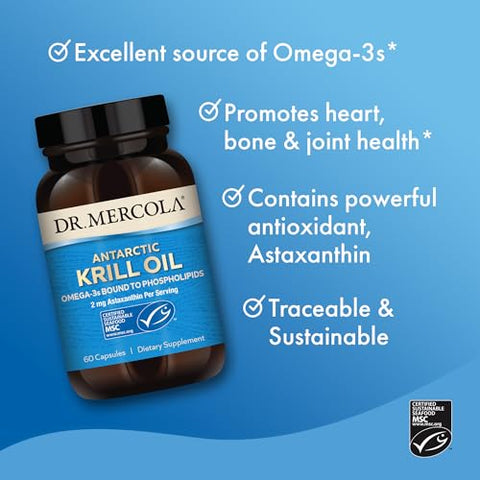 Óleo de Krill Antártico, 30 Porções (60 Cápsulas), Suplemento Alimentar, Suporte para Órgãos, Saúde Óssea e Articular, Não Transgênico, Certificado MSC - Dr. Mercola