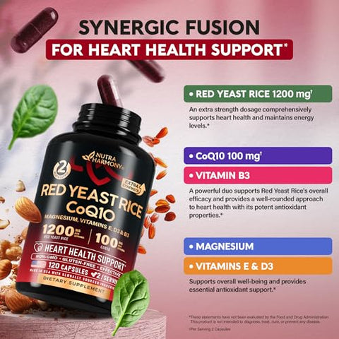NUTRAHARMONY - Red Yeast Rice 1200 mg com CoQ10 100 mg – com Magnésio | Niacina | Vitamina E | 1200 mg de Arroz de Levedura Vermelha com 100 mg de CoQ10 – com Magnésio, Niacina e Vitamina E