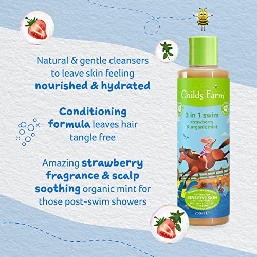 Kids 3 em 1 Natação, Morango e Hortelã Orgânica 250 ml, Gel de Banho, Shampoo e Condicionador, Indicado para Pele Seca, Sensível e Propensa a Eczema - Childs Farm