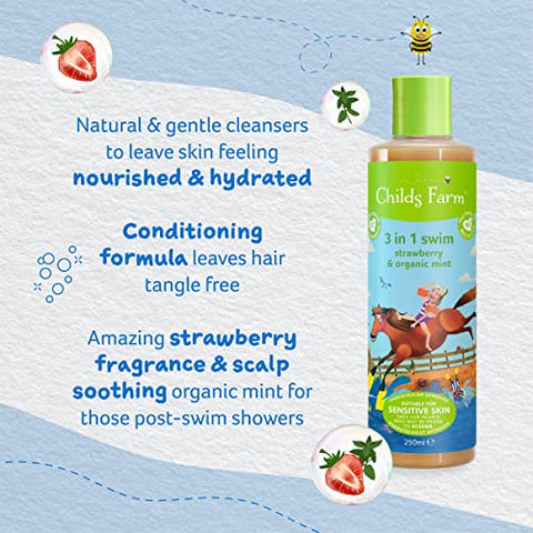 Kids 3 em 1 Natação, Morango e Hortelã Orgânica 250 ml, Gel de Banho, Shampoo e Condicionador, Indicado para Pele Seca, Sensível e Propensa a Eczema - Childs Farm