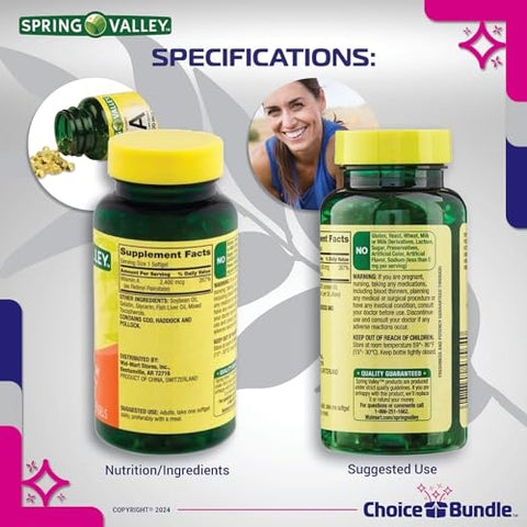 ChoiceBundle - Spring Valley Softgels de Vitamina A, 2400 mcg 2Pk Bundle Escolha (500 Total) Guia de Vitalidade de Vitaminas e Recipiente para Comprimidos (4 Itens)