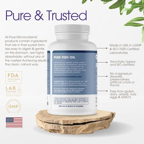 Ômega 3 Fish Oil, Ácidos Graxos EPA/DHA, 3000mg, Triplo Forte, Cápsulas de Óleo de Peixe sem Sabor de Peixe com Limão – Coração, Olhos, Cérebro - Pure Micronutrients