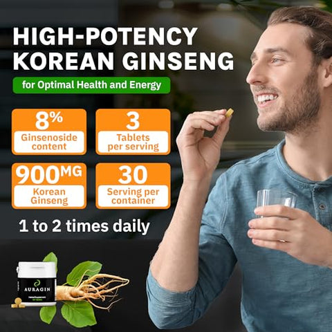 Ginseng Vermelho Coreano Autêntico – Produzido na Coreia – Raízes de 6 Anos – Sem Aditivos ou Outros Ingredientes – 100% Ginseng Panax Vermelho em Cada Comprimido - Auragin