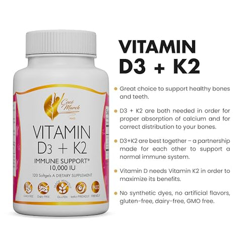 Cocó March N.M.D - Coco March Vitamina D3 K2 10.000 UI – Suprimento de 4 Meses ALTA POTÊNCIA – Imunidade