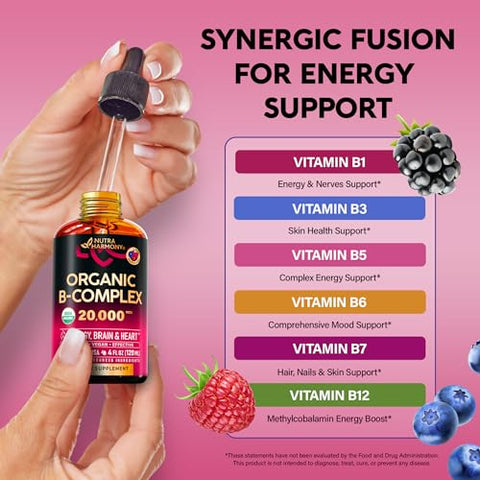 NUTRAHARMONY - Vitamina B-Complexo B5 Ácido Pantotênico | B12 Metilcobalamina | B1 Tiamina | B6 Piridoxina | B7 Biotina | B9 Ácido Fólico | B3 Niacinamida – Gotas Líquidas de Complexo B Orgânico USDA, Feito em