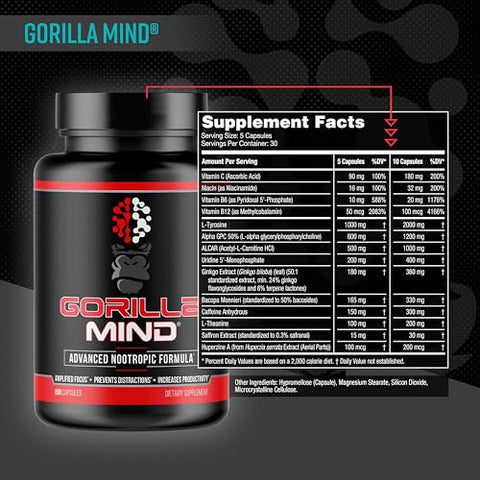 Fórmula Nootrópica (150 Cápsulas) – Melhor Suplemento Produtivo com Cafeína / 8 Horas de Foco e Energia - Gorilla Mind