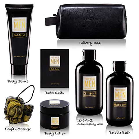 Yard House - Conjunto de Cestas de Presente de Spa para Banho e Corpo para Homens – Sândalo Âmbar – Kit de Spa de 7 Peças com Itens em Tamanho Real em Bolsa de Higiene em Couro – Presentes de Dia dos Pais e Aniversário para Marido, Pai da Esposa