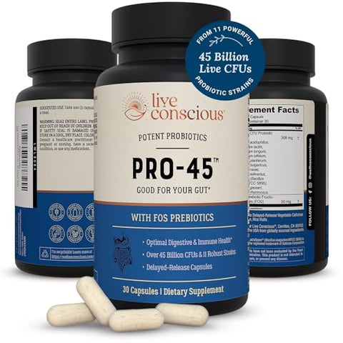 PRO45: Fórmula Probiótica, 45 Bilhões UFC, 11 Cepas Abrangentes. Sem Lactose. Cápsulas Vegetais de Liberação Retardada. Promove Saúde Imunológica e Digestiva. 60 Cápsulas - Live Conscious